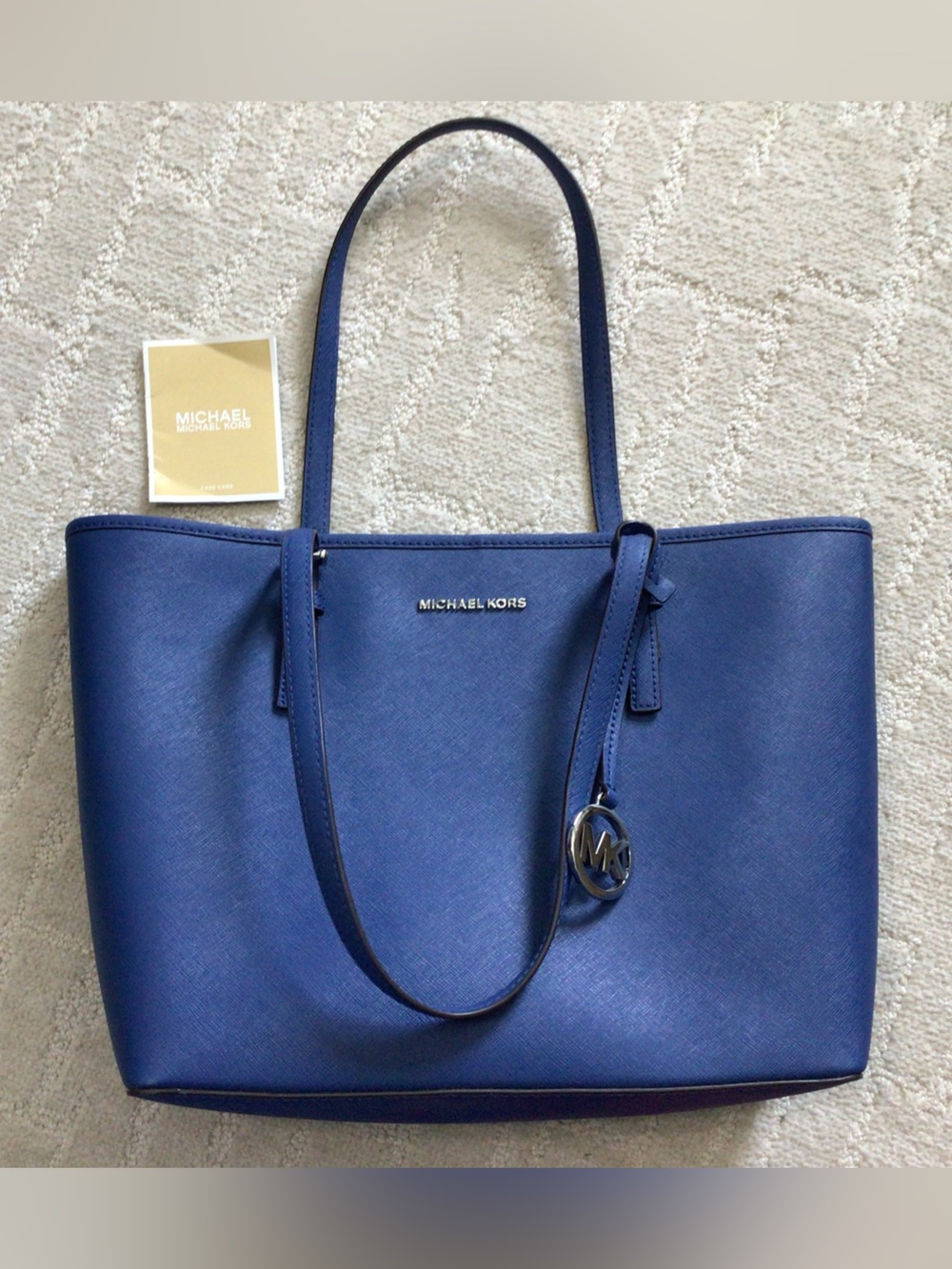 Michael Kors Blue Saffiano Leather Tote with Logo Charm